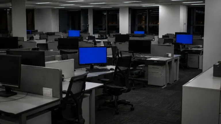 Prázdná kancelář s modrými obrazovkami při výpadku serveru