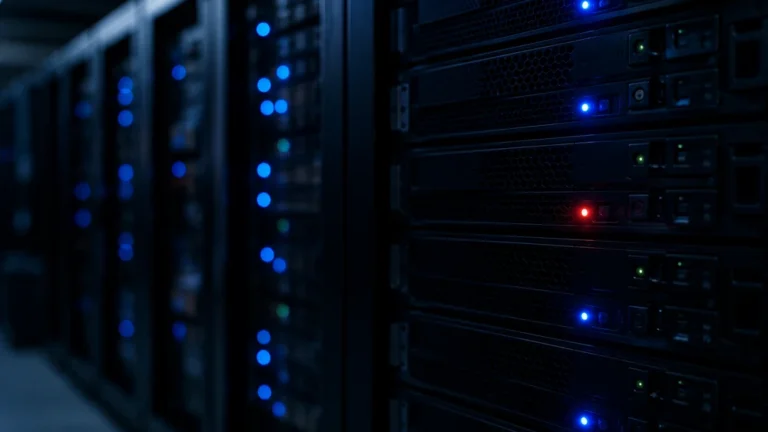 Server rack s varovnou červenou kontrolkou mezi ostatními